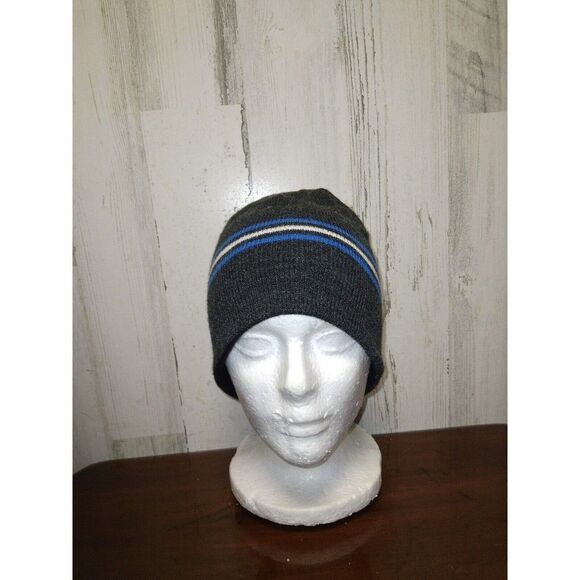 Gerry Beanie Winter Hat Skull Cap Gray Blue Black Striped Acrylic OSFA Warm - Picture 1 of 6